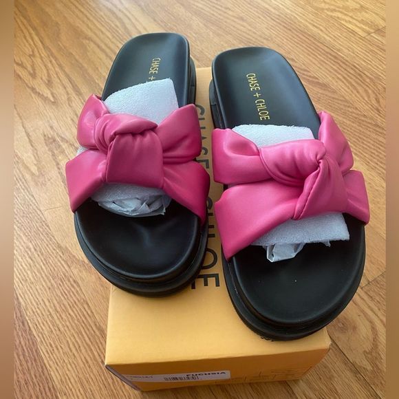 CHASE AND CHLOE Camille Slide Sandal Women 7 Fuchsia Puffy Knot 2-2.25 Platform - Picture 1 of 6